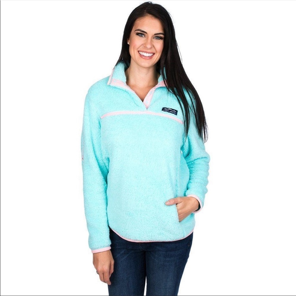 Lauren James Aspen Sherpa Snap Pullover Mint Blue  Pink Trim